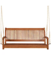 Gymax 2-Seat Patio Hanging Wooden Porch Swing Bench w/ Cushion & Hanging Ropes