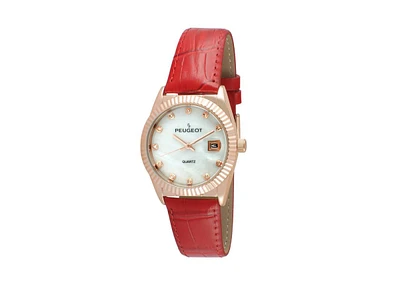 Peugeot Women 36mm Red Fluted Bezel Watch with Leather Strap