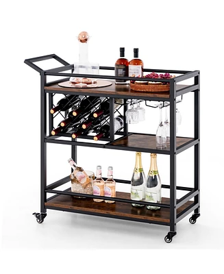3-tier Bar Cart on Wheels Home Kitchen Serving with Wine Rack and Glasses Holder
