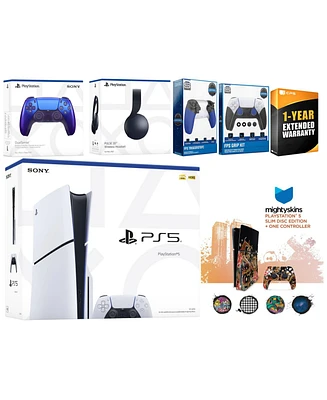 Sony Playstation 5 Slim Disc with Black Pulse Headset, Extra Galactic Purple Controller, Trigger Stop Kit, Fps Grip Kit and MightySkins Decal Voucher