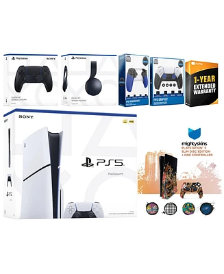 Sony Playstation 5 Slim Disc with Black Pulse Headset, Extra Controller, Trigger Stop Kit, Fps Grip Kit and MightySkins Decal Voucher + 1 Year Cps Ext
