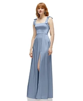 After Six Women's Square Neck Fluid Satin Maxi Dress with Bow Straps