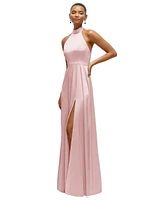 After Six Women's Band Collar Halter Open Back Fluid Satin Maxi Dress with Self-Tie Bow