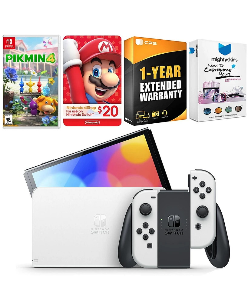 Nintendo Switch White Oled Console with Pikmin 4, Nintendo $20 eShop Gift Card, MightySkins Console and Controller Skin Voucher