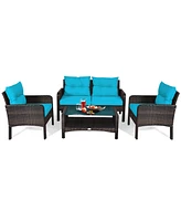 Gymax 4PCS Rattan Patio Furniture Conversation Set Cushioned Outdoor Furniture Set