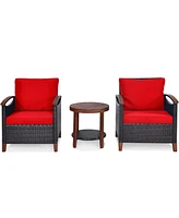 Gymax 3PCS Patio Wicker Rattan Conversation Set Outdoor Furniture Set w/ Red Cushion