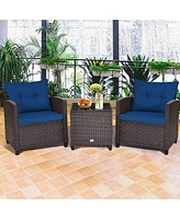 Gymax 3PCS Outdoor Patio Rattan Conversation Set Garden Yard w/ Navy Cushions