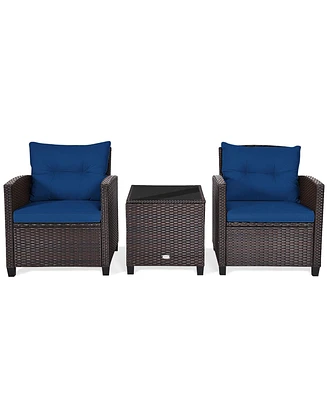 Gymax 3PCS Outdoor Patio Rattan Conversation Set Garden Yard w/ Navy Cushions