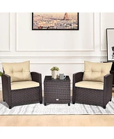 Gymax 3PCS Patio Outdoor Rattan Conversation Set w/ Cushion Coffee Table