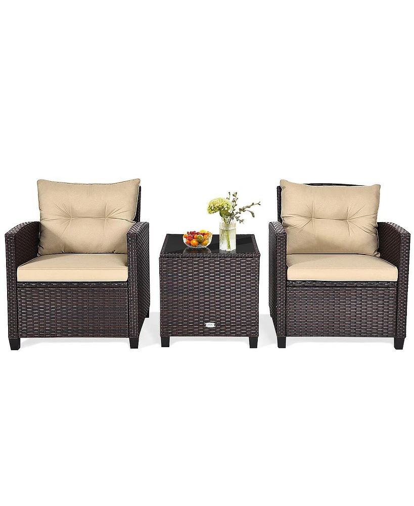 Gymax 3PCS Patio Outdoor Rattan Conversation Set w/ Cushion Coffee Table