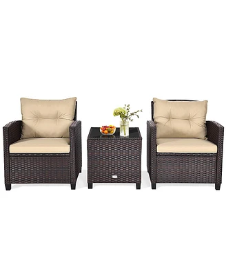 Gymax 3PCS Patio Outdoor Rattan Conversation Set w/ Cushion Coffee Table