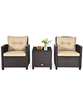 Gymax 3PCS Patio Outdoor Rattan Conversation Set w/ Cushion Coffee Table