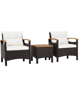 Gymax 3 Piece Patio Bistro Set Pe Rattan Conversation Furniture Set w/ Acacia Wood Tabletop