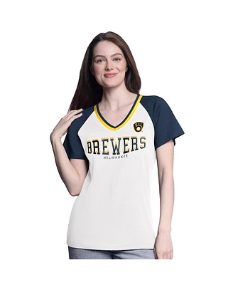 G-iii 4Her by Carl Banks Women's White/Navy Milwaukee Brewers Ball Park Raglan V-Neck T-Shirt