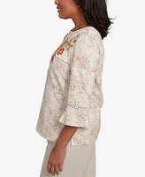 Alfred Dunner Women's Copper Canyon Printed Floral Bell Sleeve Embroidered Top