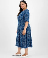 London Times Plus Short-Sleeve Printed Fit & Flare Midi Dress