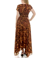 Taylor Women's Printed Chiffon Smocked-Waist Handkerchief Hem Dress