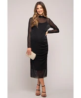 Pinkblush Maternity Black Shimmer Mesh Long Sleeve Ruched Midi Dress