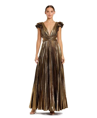 Mac Duggal Women's Ruffle Sleeve Cutout Pleated Metallic Gown