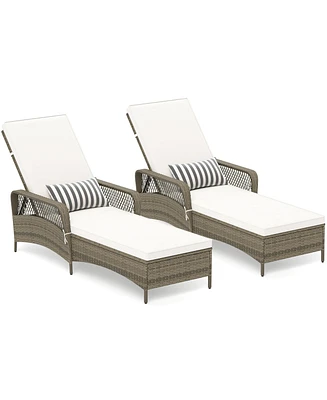 Gymax 2 Pcs Pe Wicker Chaise Lounge Chair 6-Position Adjustable Patio Recliner w/ Soft Cushions