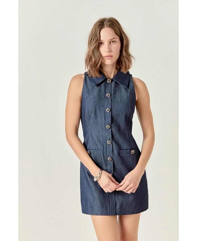 endless rose Women's Denim Collared Mini Dress