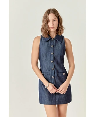 endless rose Women's Denim Collared Mini Dress