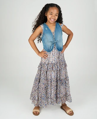 Rare Editions Big Girls 2-Piece Floral Maxi With Denim Vest and Dress Set