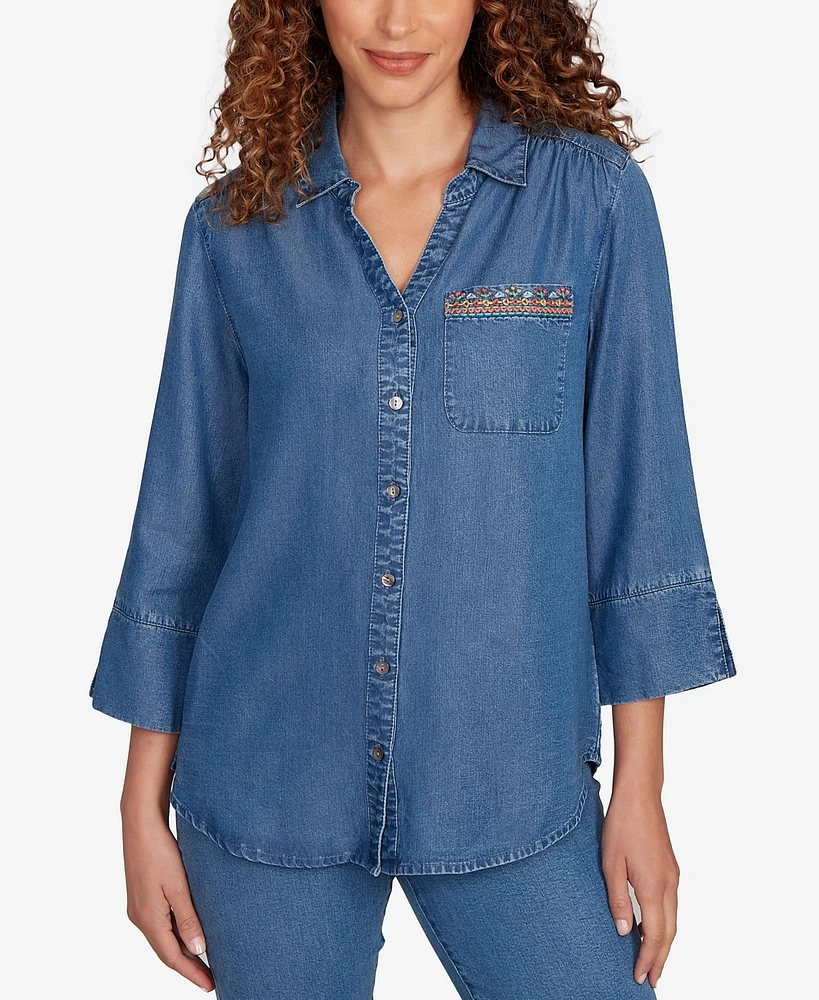 Alfred Dunner Women's El Paso Embroidered Butterfly Button Front Top