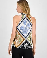 T Tahari Women's Printed Halter-Neck Keyhole Blouse
