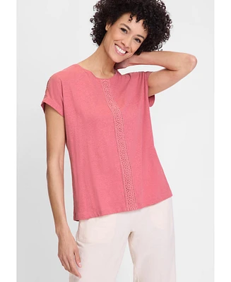 Olsen Embroidered Trim Cotton Linen Tee
