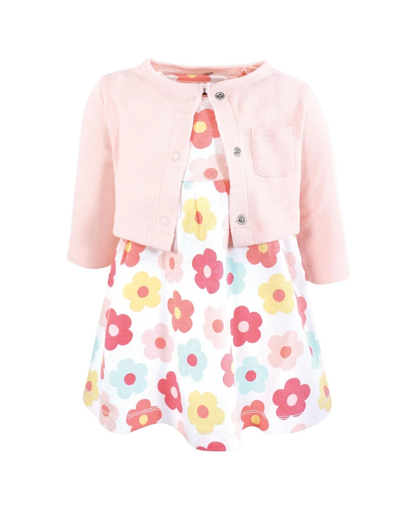 Hudson Baby Girls Cotton Dress and Cardigan Set, Cheerful Flower
