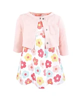 Hudson Baby Girls Cotton Dress and Cardigan Set, Cheerful Flower