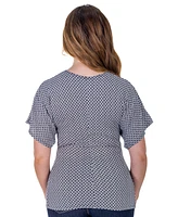 24seven Comfort Apparel Petite V-Neck Geometric Print Front Kimono Sleeve Top