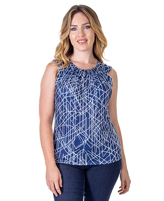 24seven Comfort Apparel Petite Navy Print Pleated Crew Neck Back Closure Sleeveless Top