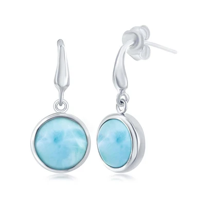 Sterling Silver Bezel-set Round Larimar Dangle Earrings