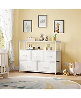5-Drawer Dresser with Charging Station for Bedroom, Living Room, Closet, Entryway, Fabric Chest of Drawers Open Shelves, Rustic Brown Wood Grain