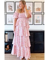 Pinkblush Maternity Pink Floral Square Neck Ruffle Layered Maxi Dress