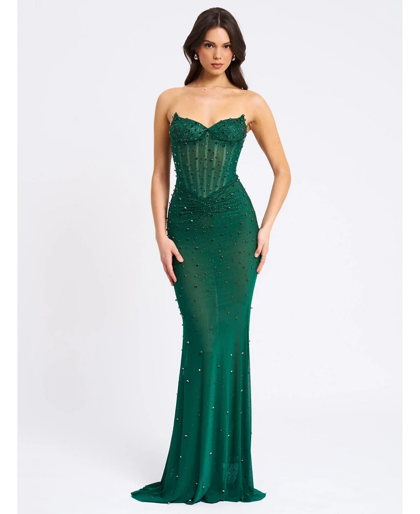 Miss Circle Women's Fatima Green Crystal Sleeveless Corset Mermaid Maxi Dress