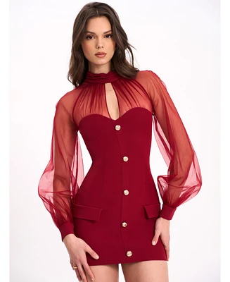 Miss Circle Women's Tabitha Burgundy Mesh Lantern Sleeve Mini Dress