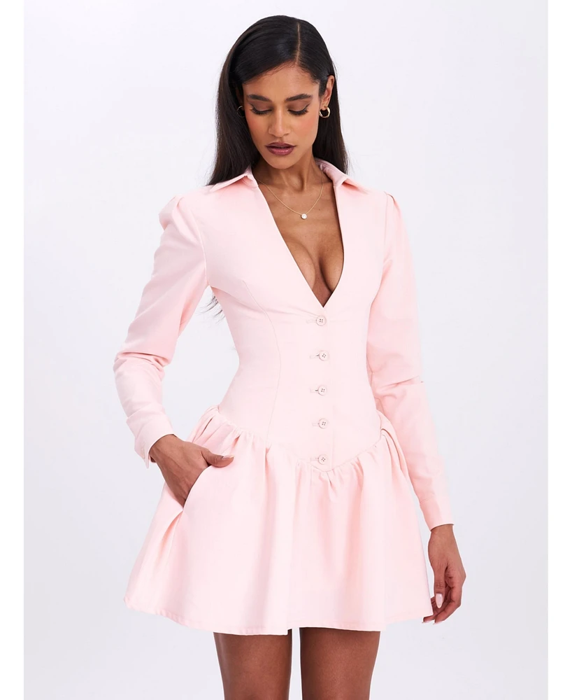 Miss Circle Women's Xabrina Macaron Pink Long Sleeve Shirt Mini Dress