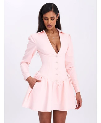 Miss Circle Women's Xabrina Macaron Pink Long Sleeve Shirt Mini Dress