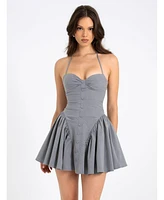 Miss Circle Women's Melody Gray Stripe Halter Drop Waist Mini Dress
