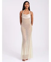 Miss Circle Women's Zahya Lime Halter Backless Beaded Mesh Gown