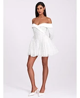Miss Circle Women's Kira Bead Embroidered Mesh Off Shoulder Long Sleeve Mini Dress