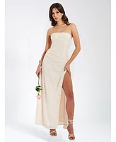 Miss Circle Women's Xatia Off White Jacquard Textured High Slit Maxi Dress