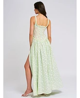 Miss Circle Women's Ulissa Light Green Square Neck Jacquard Textured High Slit Maxi Dress