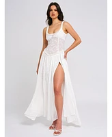 Miss Circle Women's Ulissa White Square Neck Jacquard Textured High Slit Maxi Dress