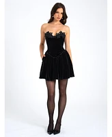 Miss Circle Women's Nora Black Velvet Drop Waist Corset Puffy Mini Dress with Lace Trim