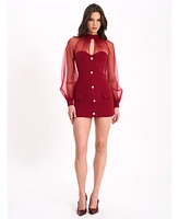 Miss Circle Women's Tabitha Burgundy Mesh Lantern Sleeve Mini Dress