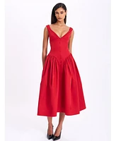 Miss Circle Women's Nahla Red Drop Waist Midi Dress with Buttons